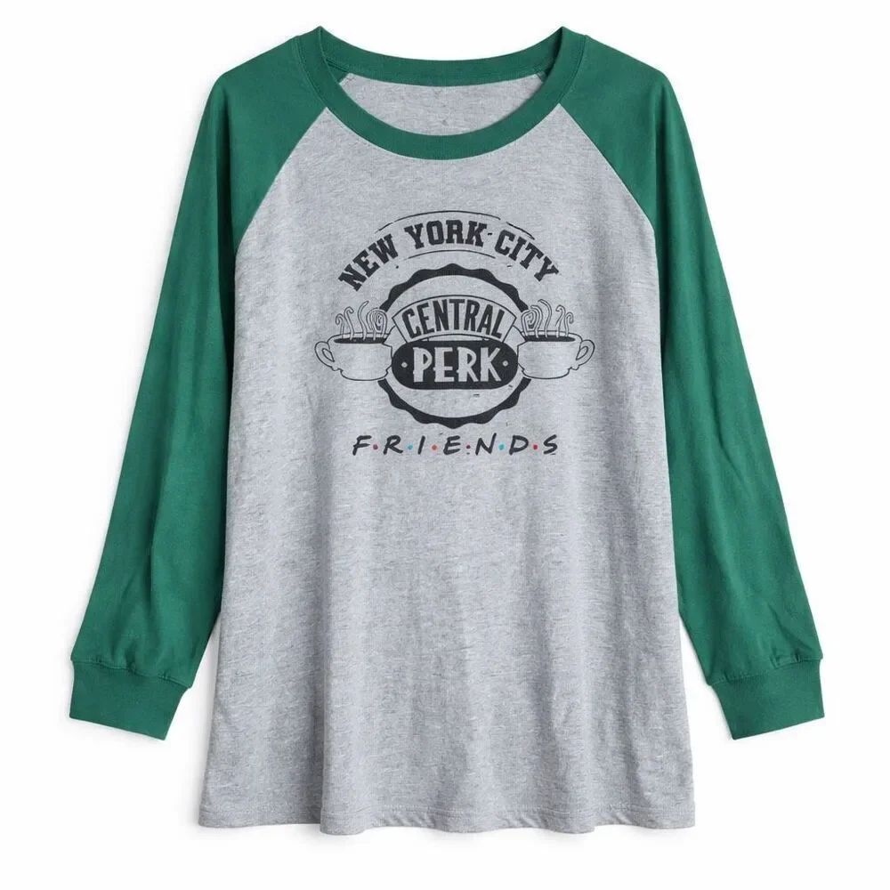 Friends Central Perk Raglan Tee Gray Green Graphic TV Shirt Women 6